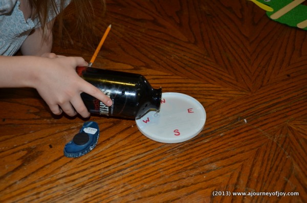 pouring water in the lid. 